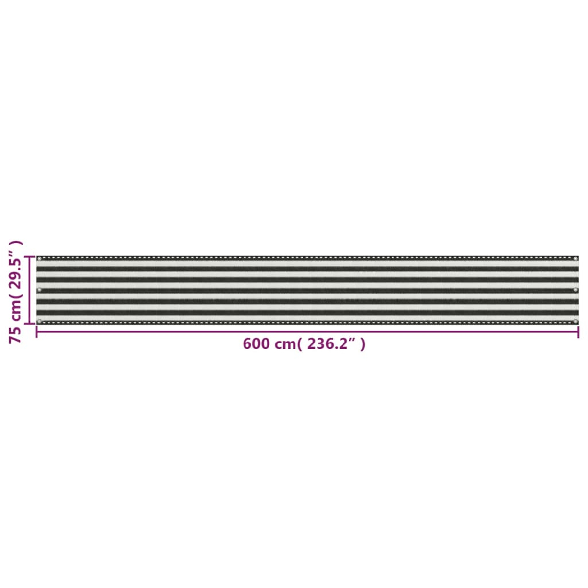 Ein langes, horizontales Paneel mit abwechselnd schwarzen und weißen Streifen. Es hat die Beschriftung: 75 cm (29,5 Zoll) hoch und 600 cm (236,2 Zoll) lang.
