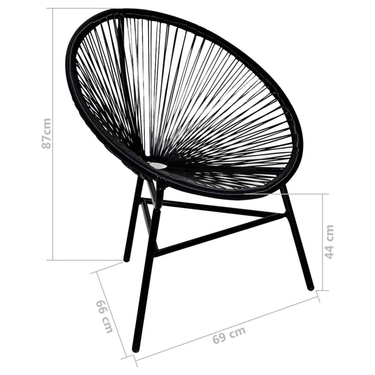 Ein schwarzer, runder Stuhl für den Außenbereich mit gewebtem Sitz und Metallbeinen. Abmessungen: 87 cm Höhe, 69 cm Breite und 44 cm Sitzhöhe.