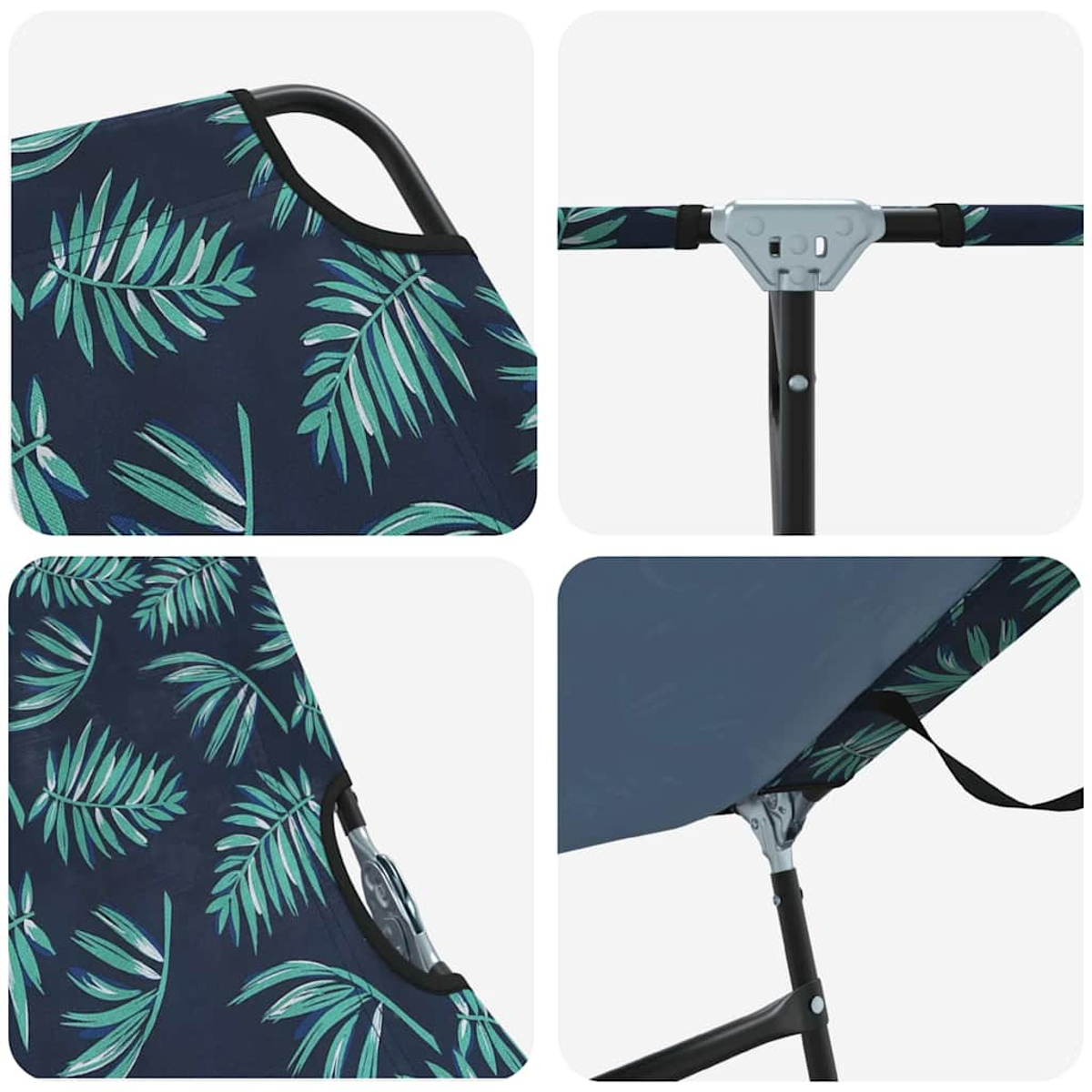 Nahaufnahme eines Klappstuhls mit marineblauem Stoff, der mit grünen Palmenblättern bedeckt ist. Schwarzer Rahmen und Kunststoffverbindungen sind sichtbar.