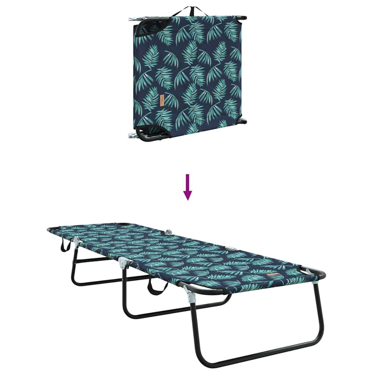 Ein zusammenklappbares Strandbett in zwei Zuständen: zusammengeklappt mit Blättermuster und ausgeklappt. Das Bett hat ein schwarzes Gestell und befindet sich auf weißem Hintergrund.