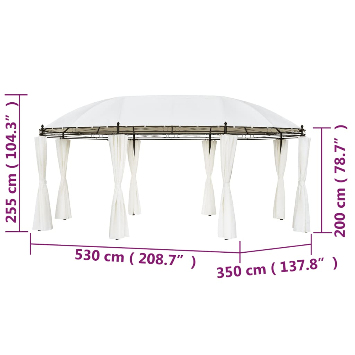 Ein weißer Pavillon mit rundem Dach und weißen Vorhängen. Abmessungen sind in Zentimetern und Zoll angegeben.