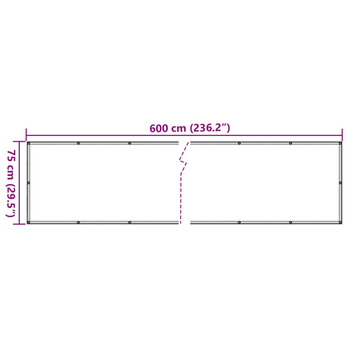 Ein Diagramm zeigt ein Rechteck mit den Maßen: 600 cm (236,2") breit und 75 cm (29,5") hoch. Das Rechteck hat eine gestrichelte Linie.