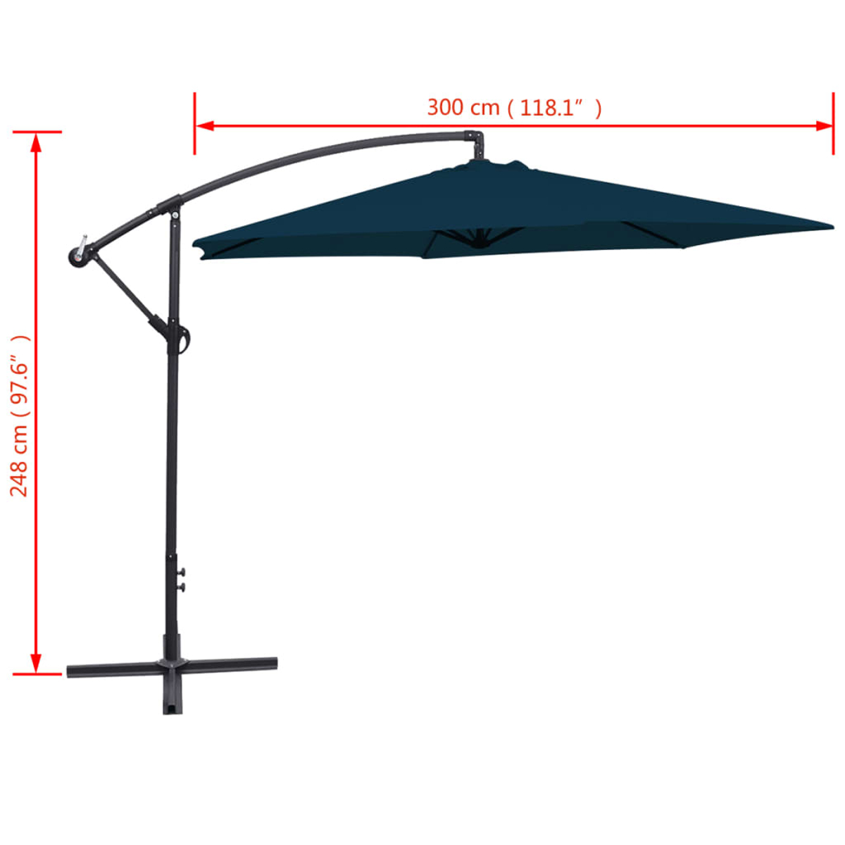 Ein marineblauer Ausleger-Sonnenschirm mit schwarzem Gestell. Abmessungen: 300 cm breit, 248 cm hoch. Weißer Hintergrund.