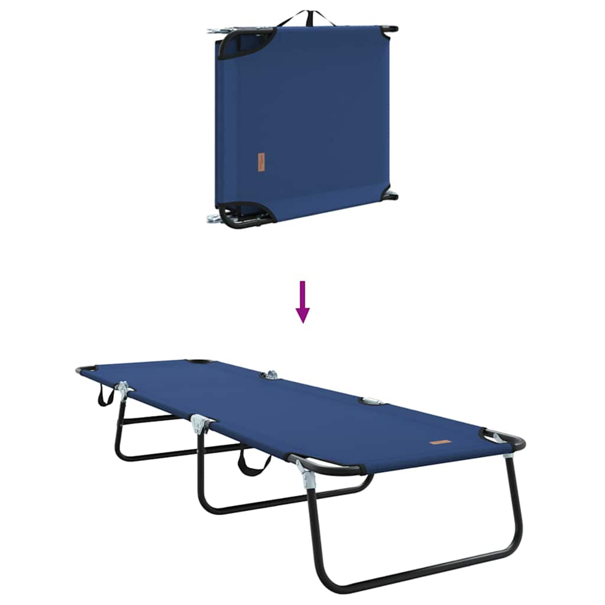 Ein blaues, zusammenklappbares Campingbett, gefaltet und entfaltet. Das zusammengeklappte Bett steht aufrecht, das ausgeklappte Bett liegt.
