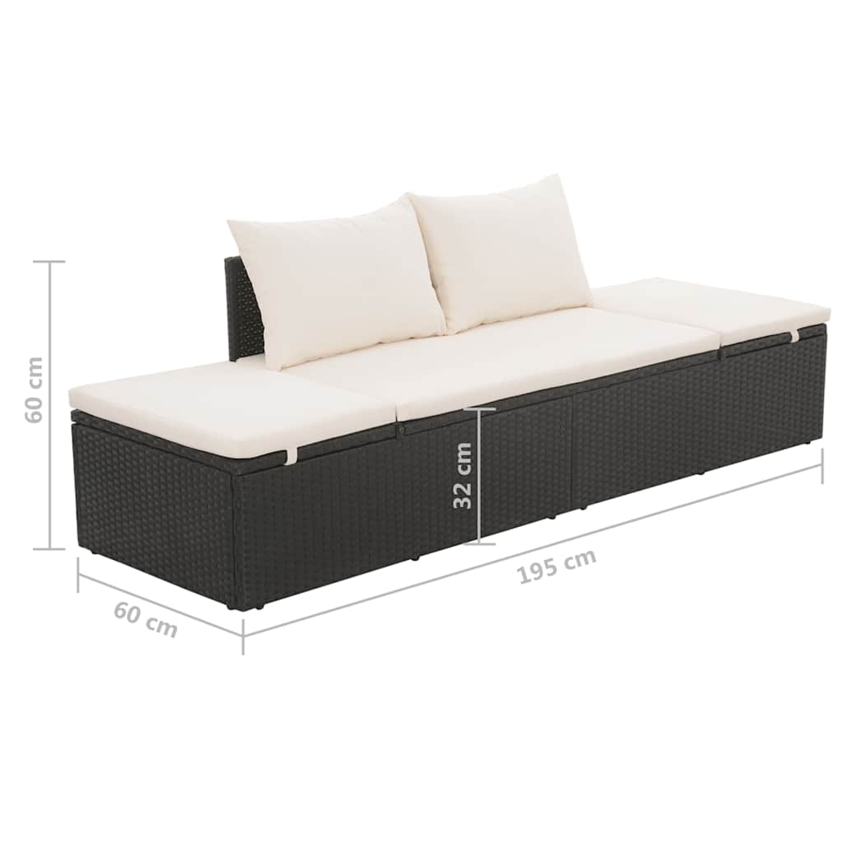 Ein schwarzes Outdoor-Sofa aus Korbgeflecht mit cremefarbenen Kissen. Die Maße sind angegeben: 60 cm Höhe, 32 cm Tiefe und 195 cm Länge.
