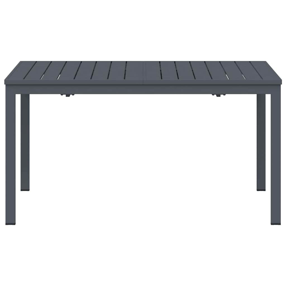 Ein grauer Gartentisch mit Lattenrost und quadratischen Beinen. Der Tisch ist leer. Der Hintergrund ist weiß.