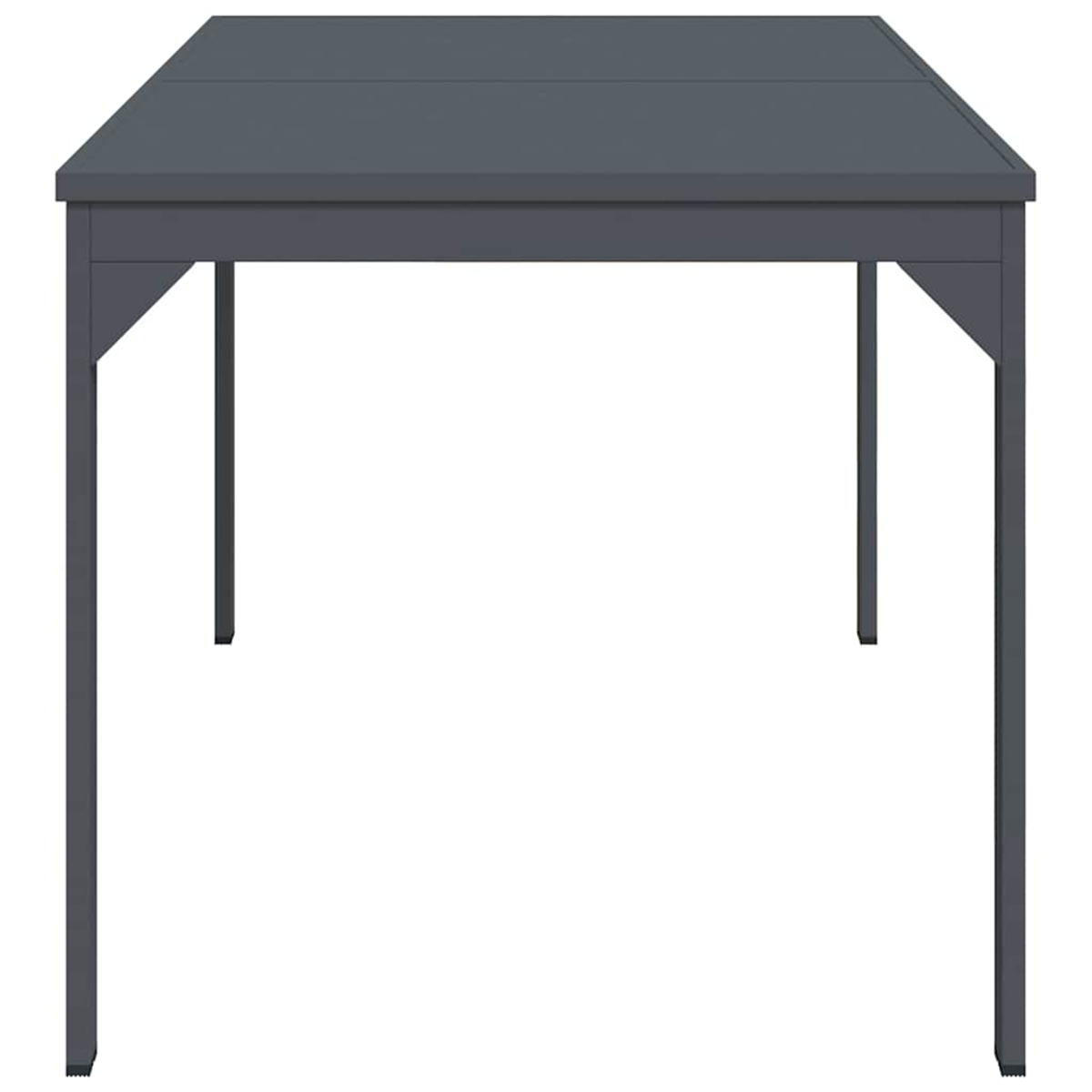 Ein rechteckiger, grauer Tisch mit vier Beinen. Die Oberseite ist flach und in Abschnitte unterteilt. Die Beine sind gerade.