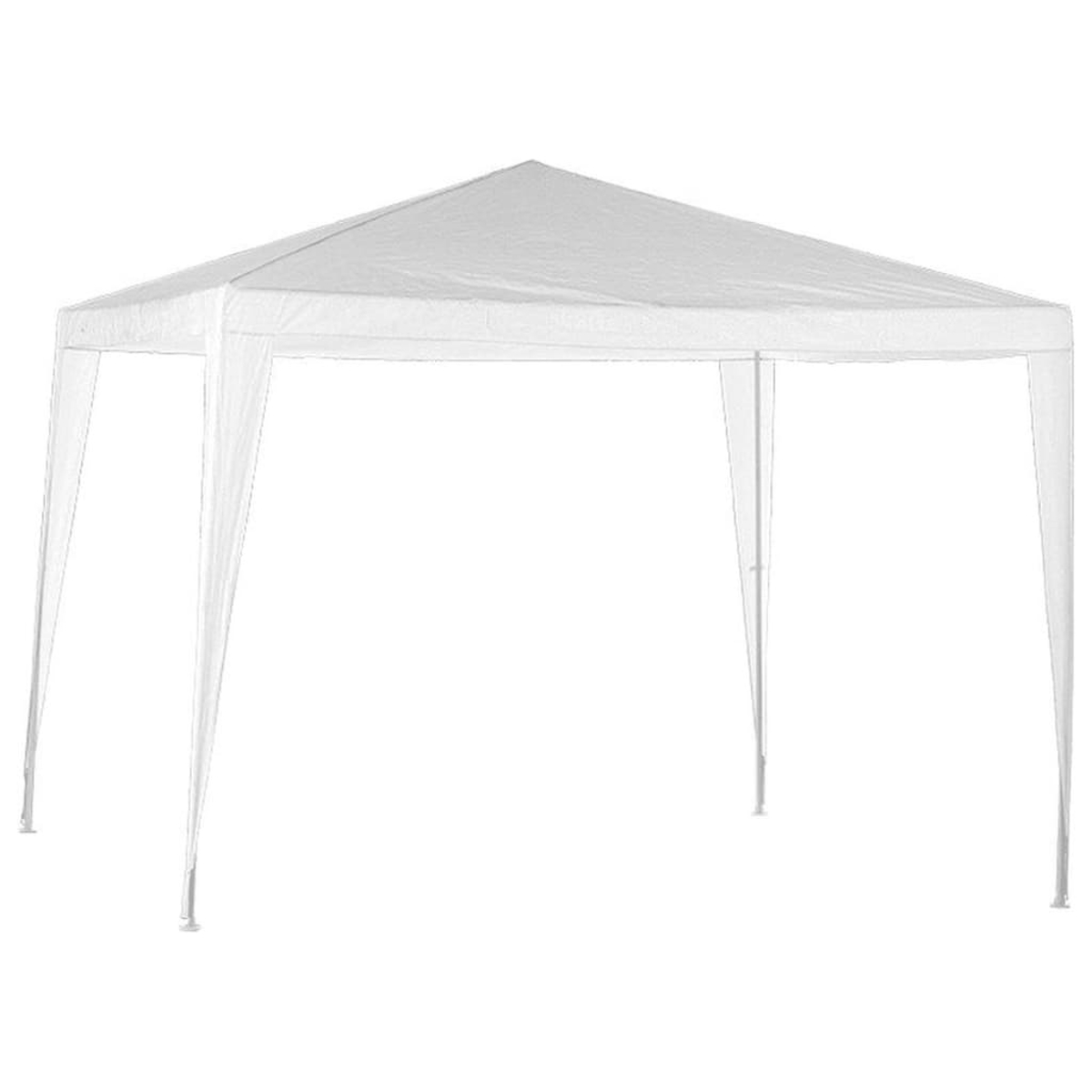 Una tenda da sole bianca su sfondo bianco. La tenda ha un tetto a punta ed è sostenuta da sei pali bianchi.