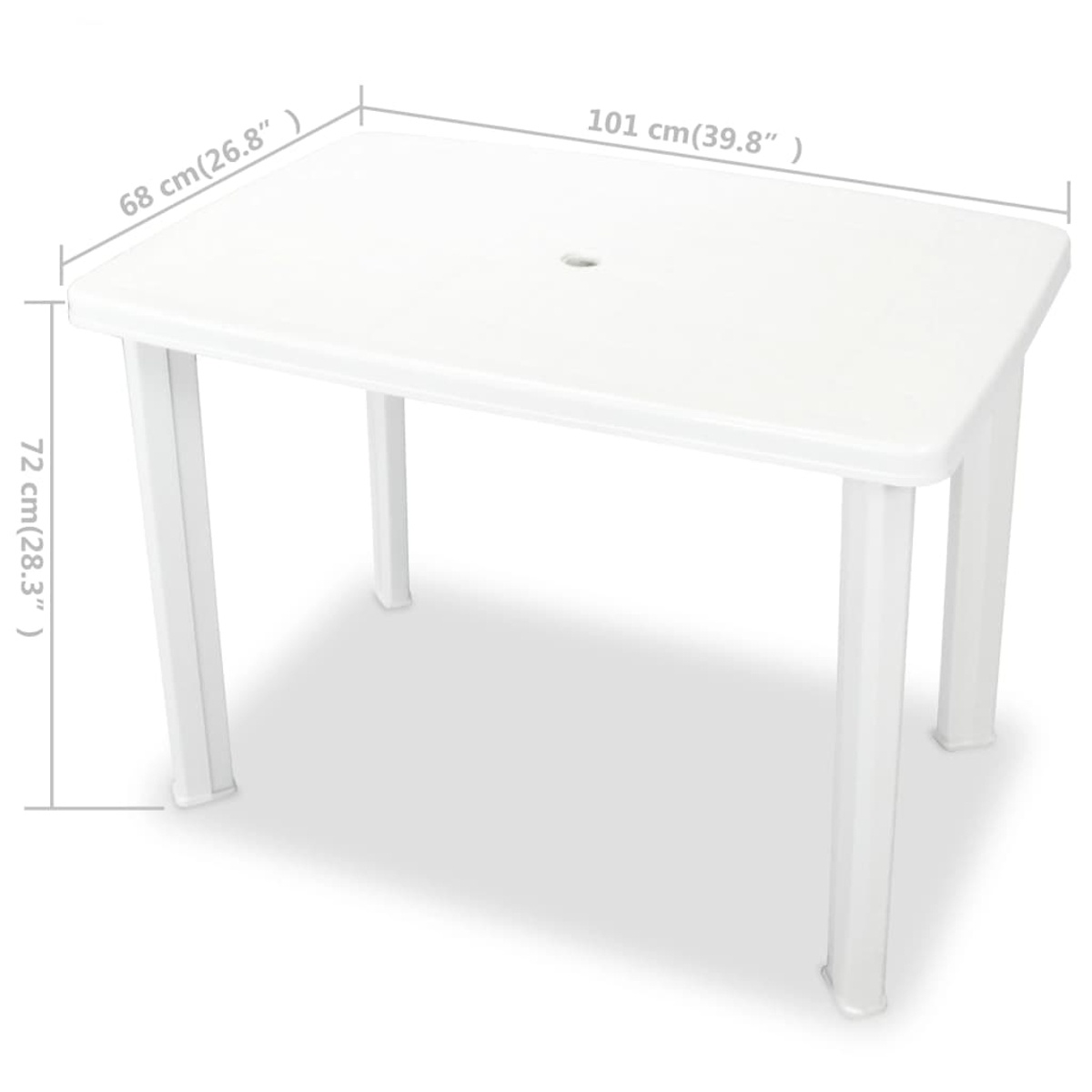 Ein weißer Kunststofftisch mit vier Beinen. Abmessungen sind beschriftet: 68 cm, 72 cm und 101 cm. Ein kleines Loch befindet sich in der Mitte.