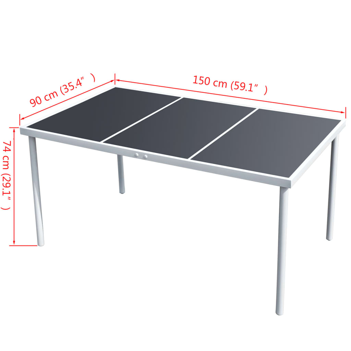 Ein rechteckiger Tisch mit dunkler grauer Platte und weißen Beinen. Abmessungen: 150 cm lang, 90 cm breit und 74 cm hoch.