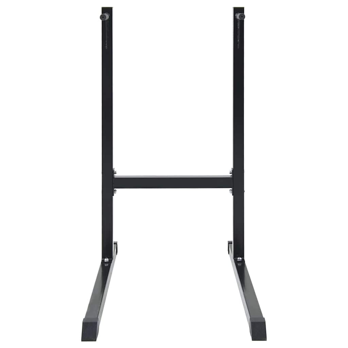 Un supporto in metallo nero, a forma di H. Ha due supporti verticali e una barra orizzontale al centro. La base è rettangolare.