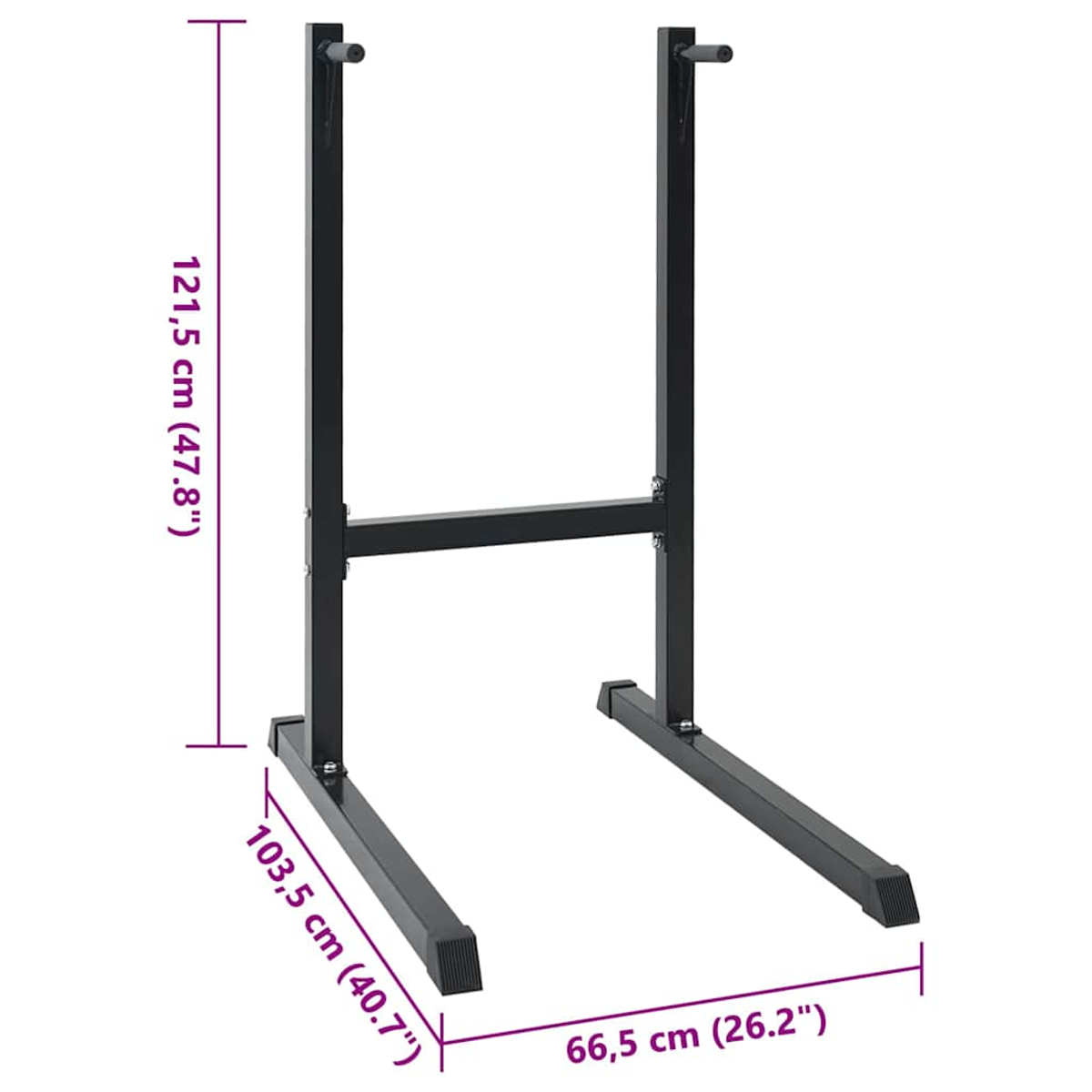 Rack per squat in metallo nero con misure in cm e pollici. Ha due barre verticali, una barra di collegamento e due supporti.