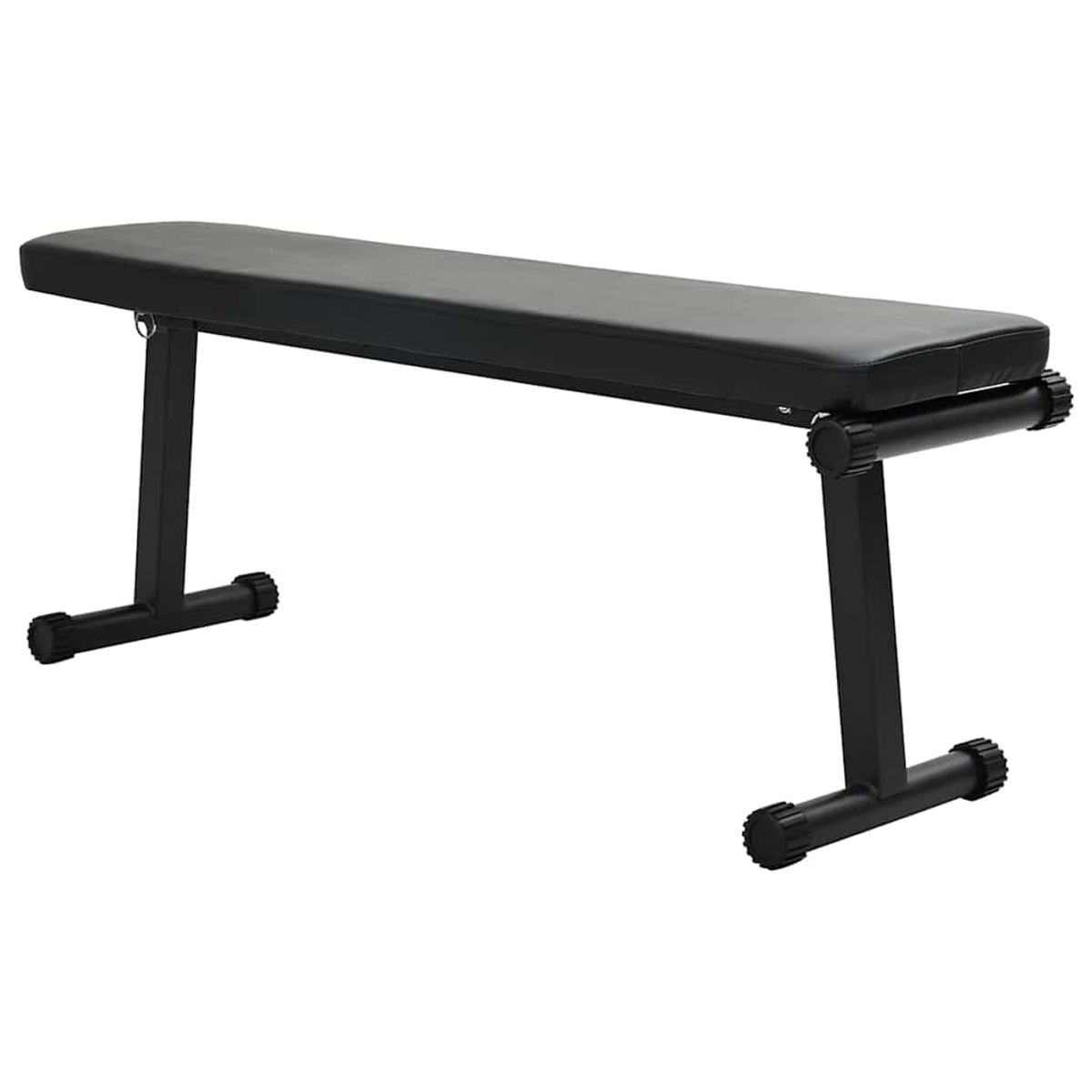Una panca pesi nera su sfondo bianco. Ha una seduta rettangolare imbottita e un telaio in metallo nero con gambe.