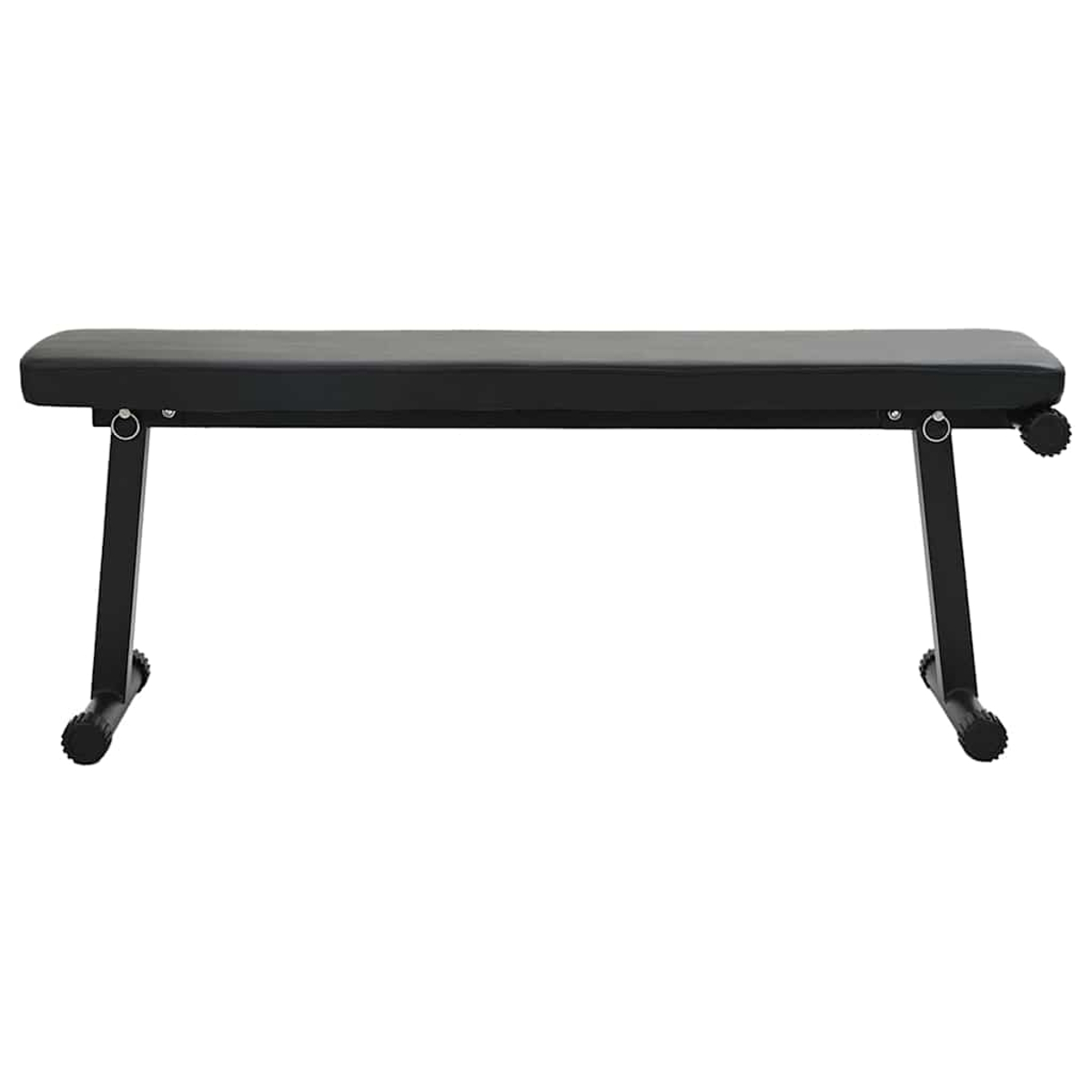 Una panca pesi nera con cuscino rettangolare e gambe nere. La panca è isolata su sfondo bianco.