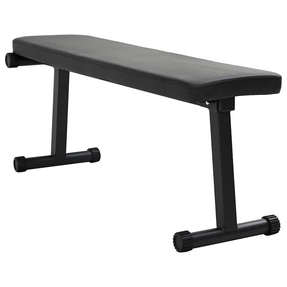 Una panca pesi nera con seduta imbottita e struttura in metallo nero. Ha un sedile rettangolare e gambe a T.
