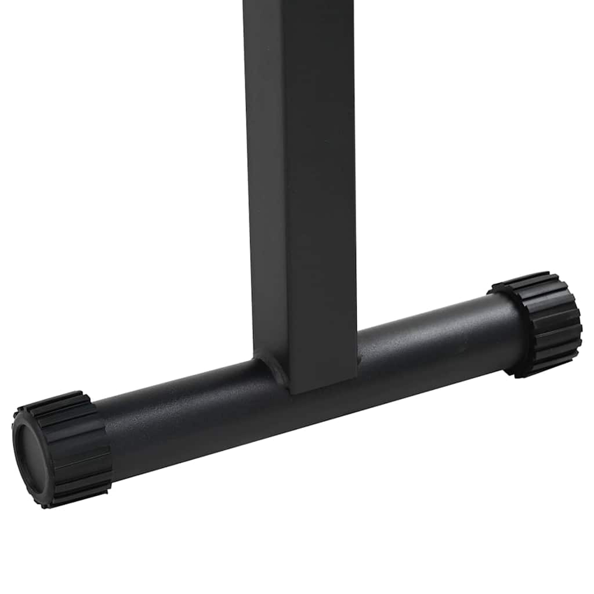 Una struttura di supporto in metallo nero. Ha un montante verticale e una barra orizzontale con estremità scanalate. Lo sfondo è bianco.