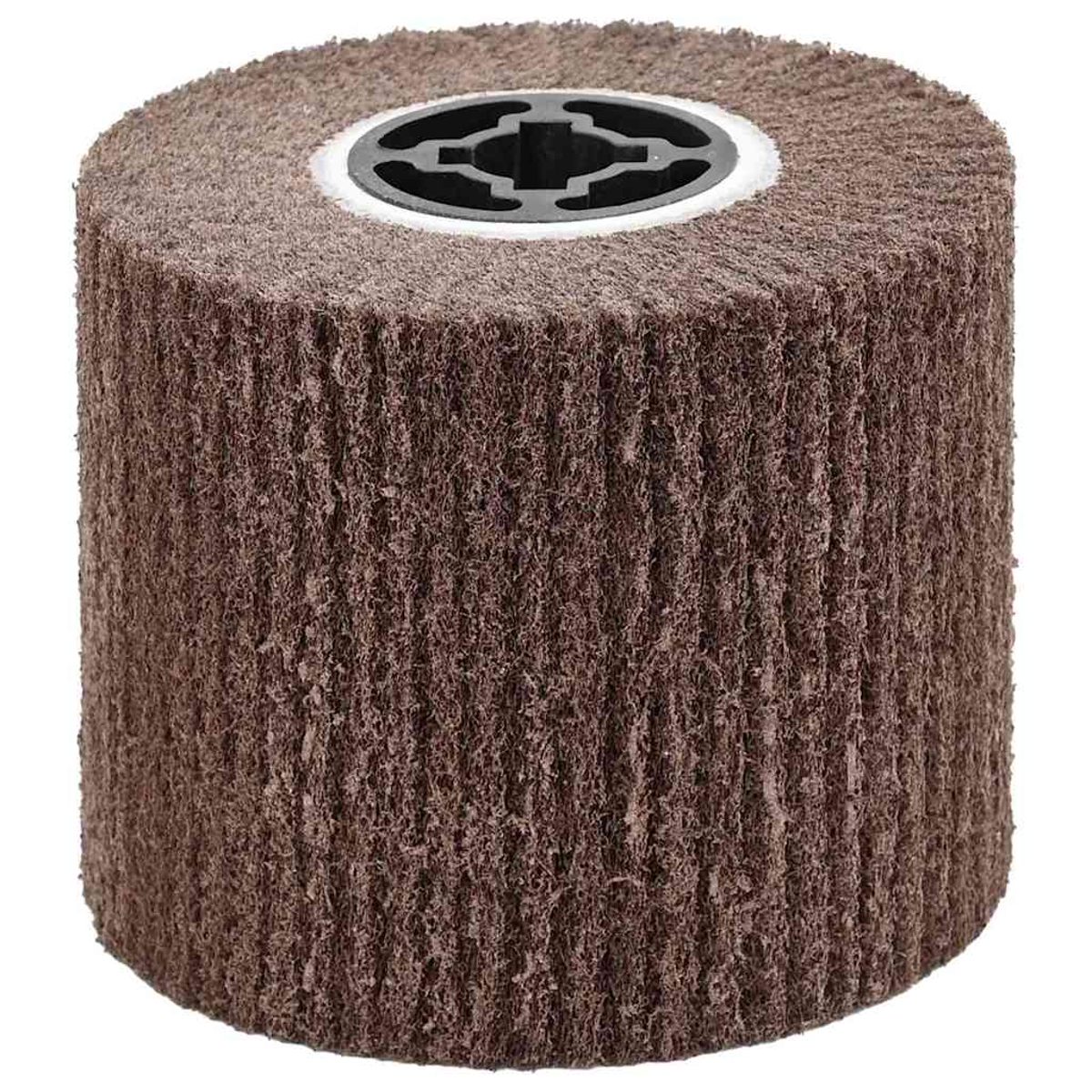 Eine zylindrische Schleifscheibe. Sie ist braun mit einem schwarz-weißen Kern. Die Scheibe hat eine raue, strukturierte Oberfläche.
