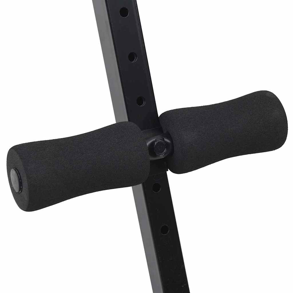 Nahaufnahme einer schwarzen Trainingsmaschine. Zwei gepolsterte schwarze Schaumstoffrollen sind an einem schwarzen Metallrahmen befestigt.
