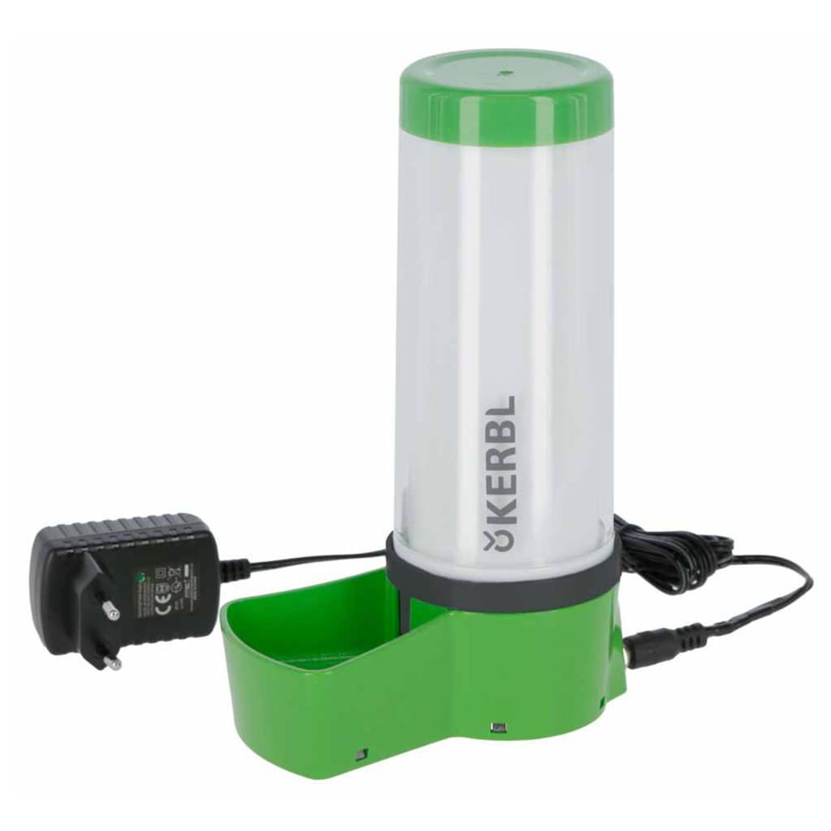 Ein grüner und weißer Kerbl-Haustierwasserspender mit schwarzem Netzteil und Kabel. Der Spender hat einen transparenten Wasserbehälter.