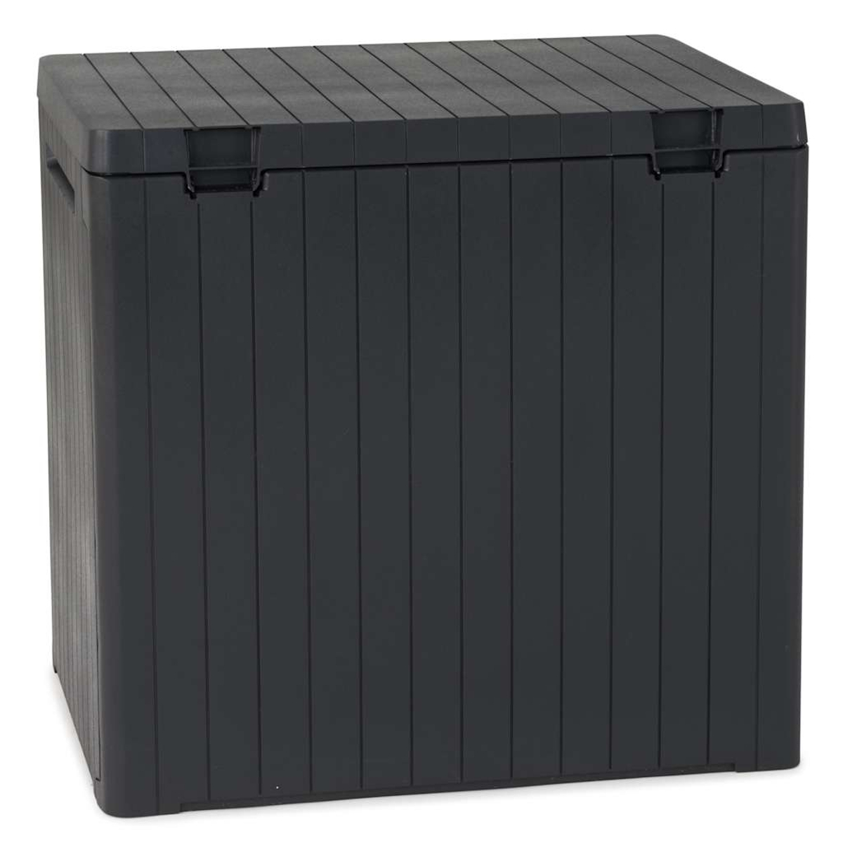 Eine dunkelgraue Aufbewahrungsbox mit Deckel und vertikalen Linien an den Seiten. Der Deckel hat horizontale Linien und zwei Riegel.
