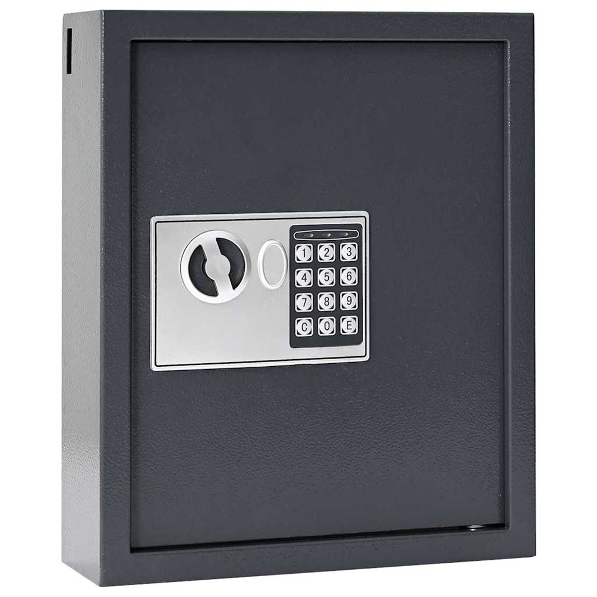 Ein dunkelgrauer Safe mit digitalem Tastenfeld und silbernem Griff. Das Tastenfeld enthält Zahlen, C-, O- und E-Tasten.