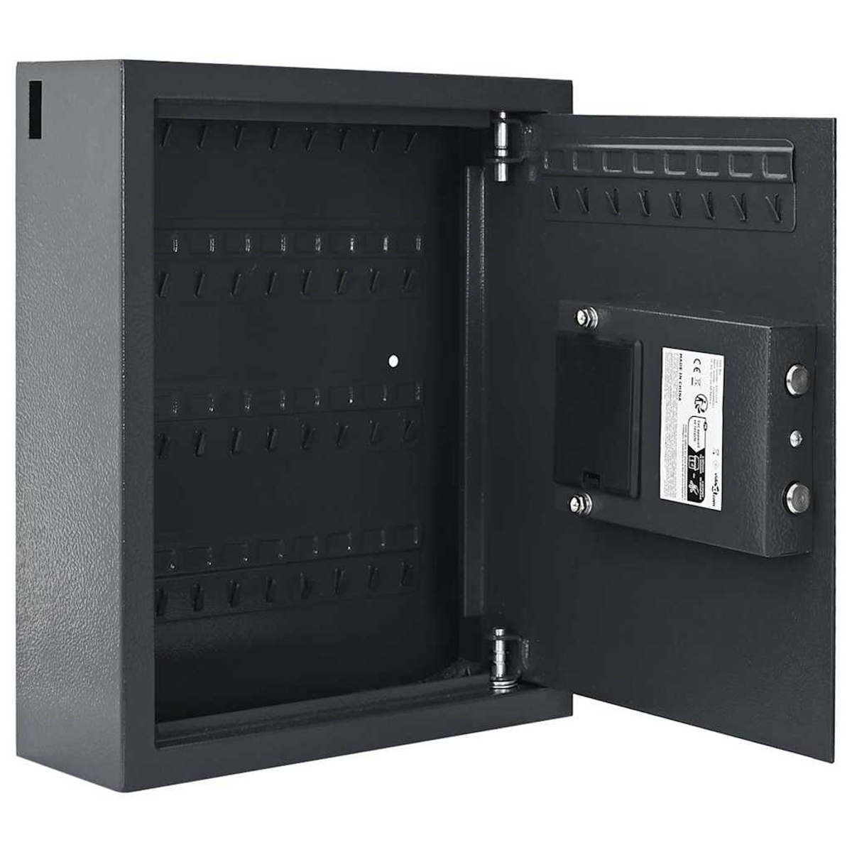 Ein dunkelgrauer Schlüsselschrank, Tür offen. Innen Haken für Schlüssel. Die Tür hat Schlüsselhaken und ein elektronisches Schloss.
