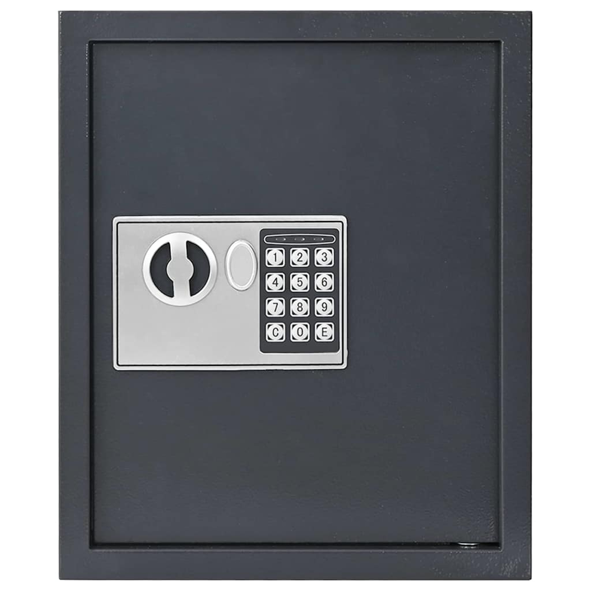 Ein dunkelgrauer Safe mit digitaler Tastatur und rundem Griff. Die Tastatur hat Zahlen von 1 bis 9 und C, O, E Tasten.