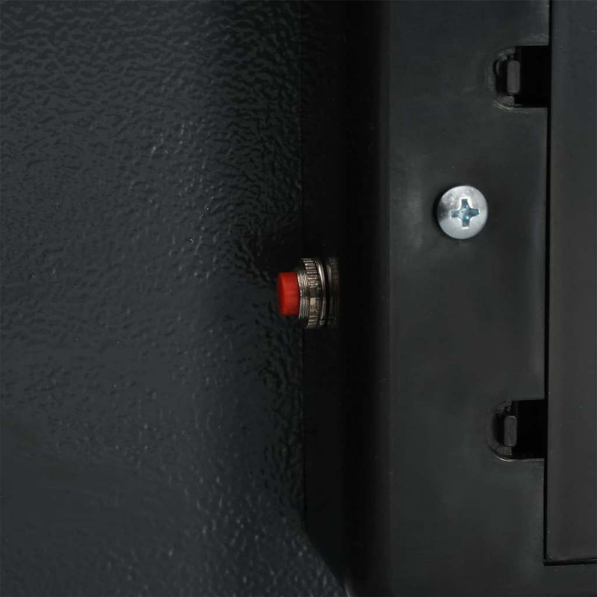 Primo piano di un pannello nero con un pulsante rosso e una vite argentata. Il pannello ha una superficie strutturata. Il pulsante è piccolo e rotondo.