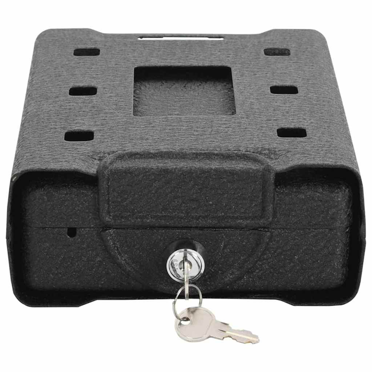 Una cassaforte in metallo nero con chiave inserita. La cassaforte è rettangolare con superficie strutturata e fori.