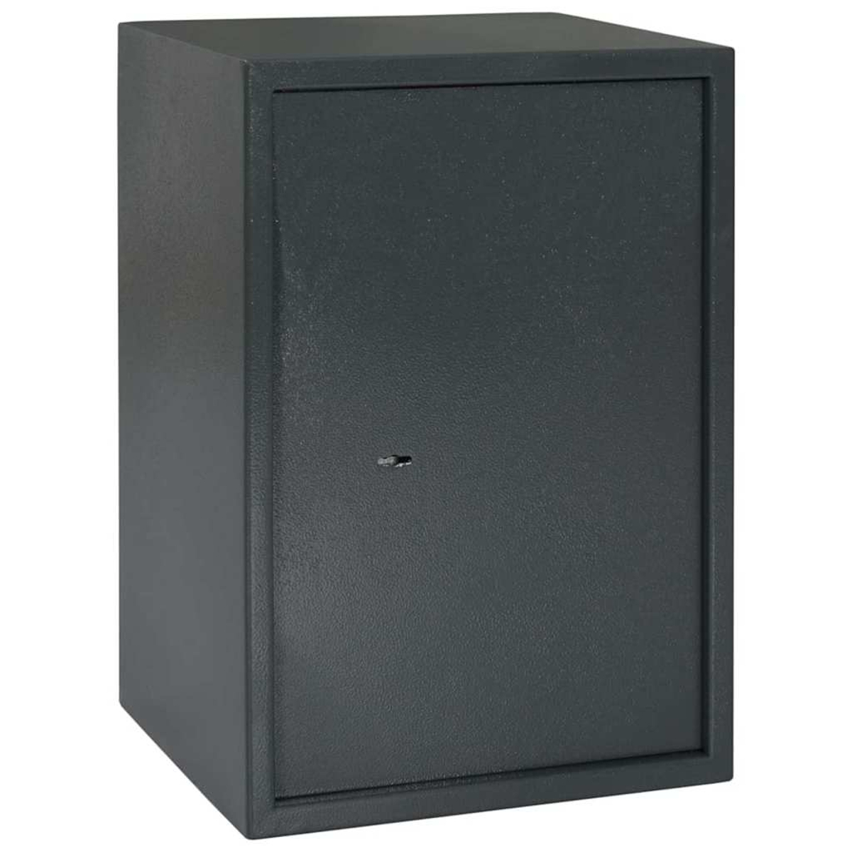 Una cassaforte grigio scuro con una porta, una serratura e una superficie strutturata. È rettangolare e in posizione verticale.
