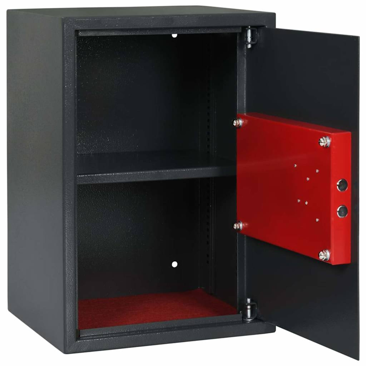 Una cassaforte grigio scuro aperta con interno porta rosso. All'interno ci sono due ripiani e un fondo rosso. La porta aperta rivela un pannello rosso.