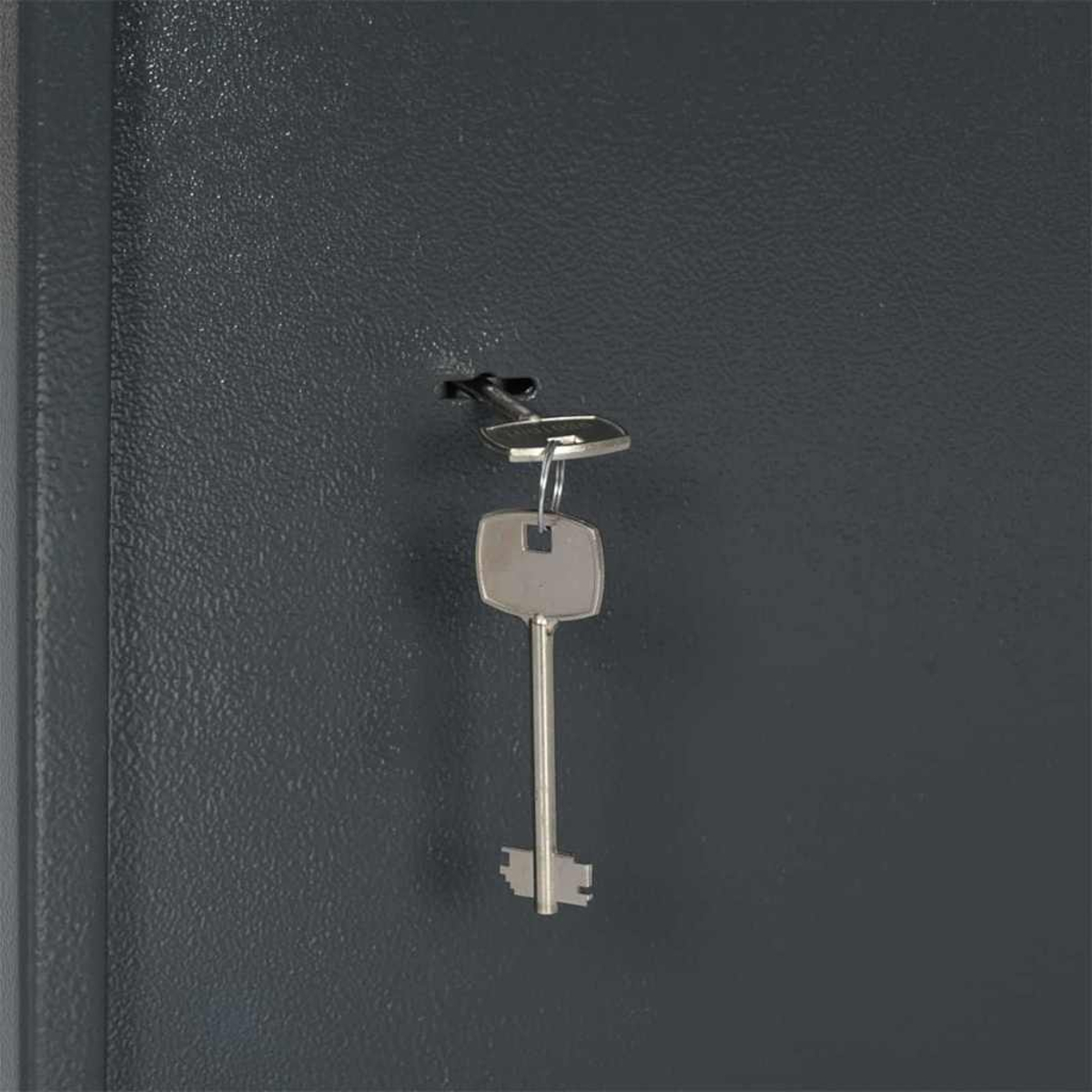 Una chiave nella serratura di una porta di un armadio grigio scuro. La chiave è argentata e la serratura nera. La porta ha una superficie strutturata.