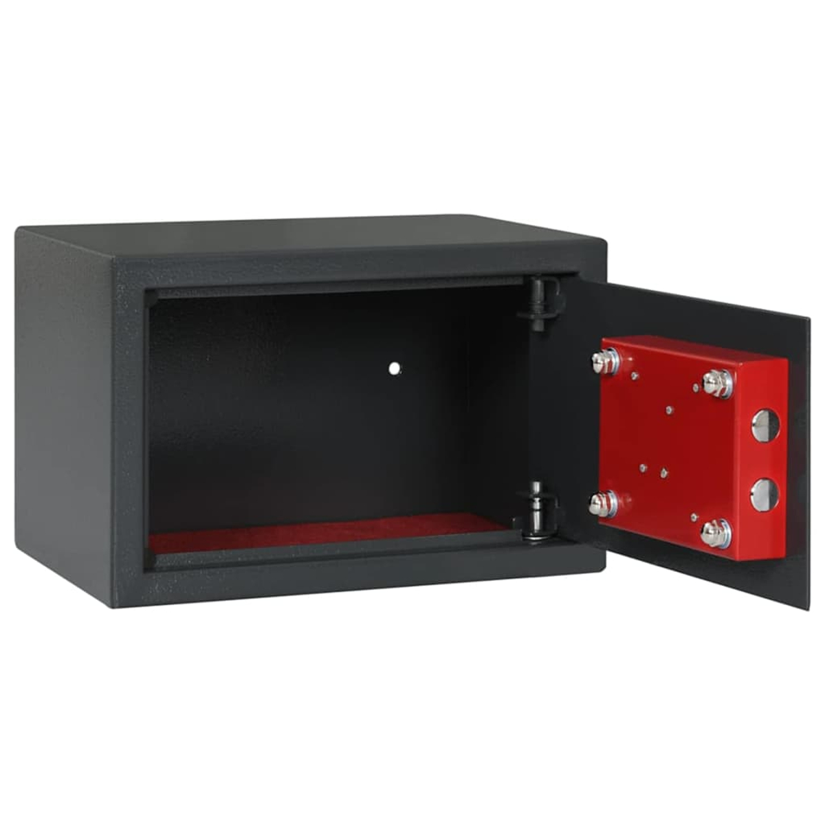 Una cassaforte nera aperta con interno rosso e un pannello porta rosso con bulloni argentati. La porta è socchiusa.