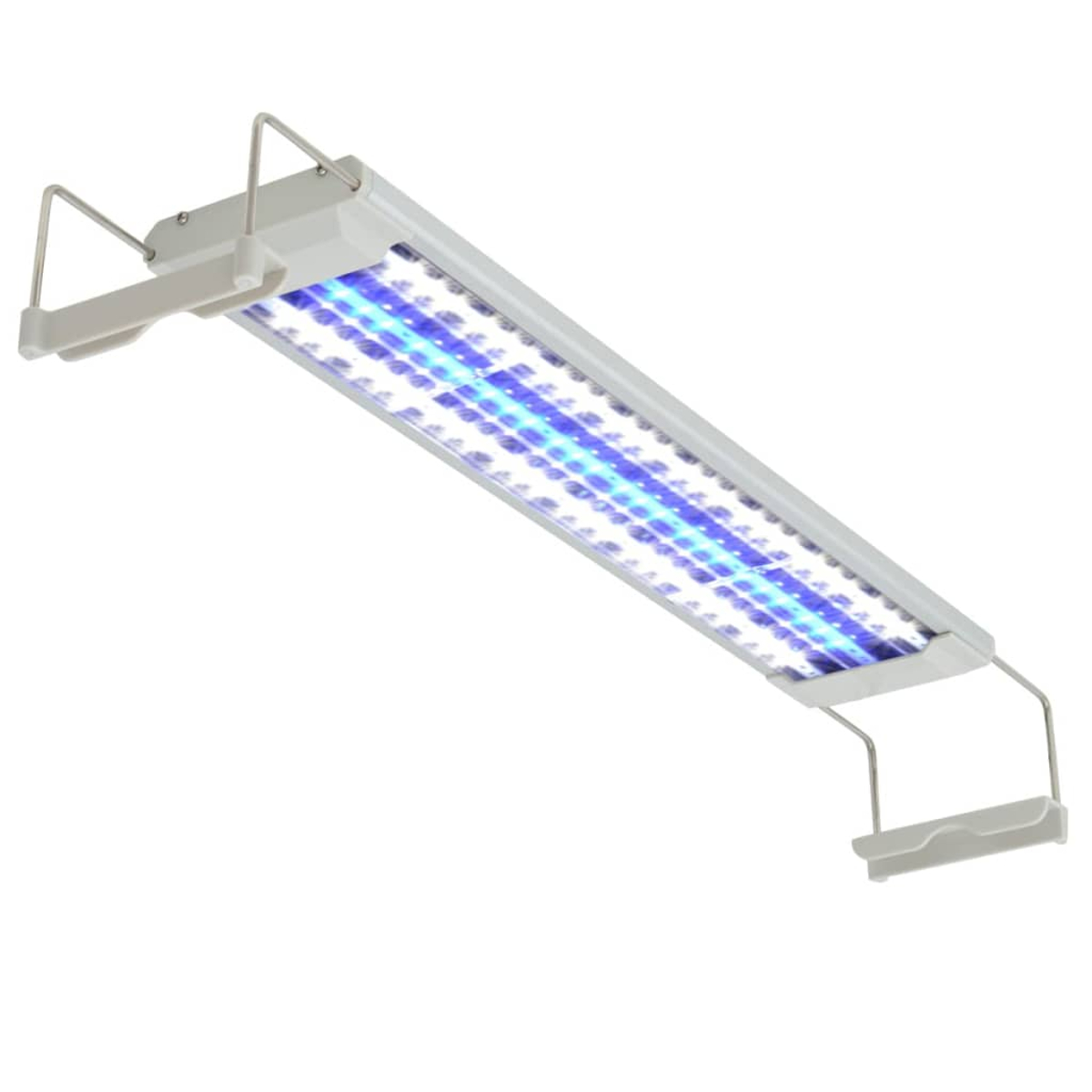 Weiß-silberne LED-Aquarienleuchte. Das Licht hat einen blauen Schein in der Mitte und wird von Halterungen gehalten.