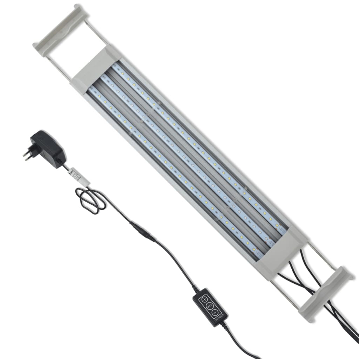 Eine rechteckige LED-Aquarienleuchte. Sie hat ein Netzteil und ein Bedienfeld. Die Leuchte ist grau und hat mehrere LED-Leuchten.