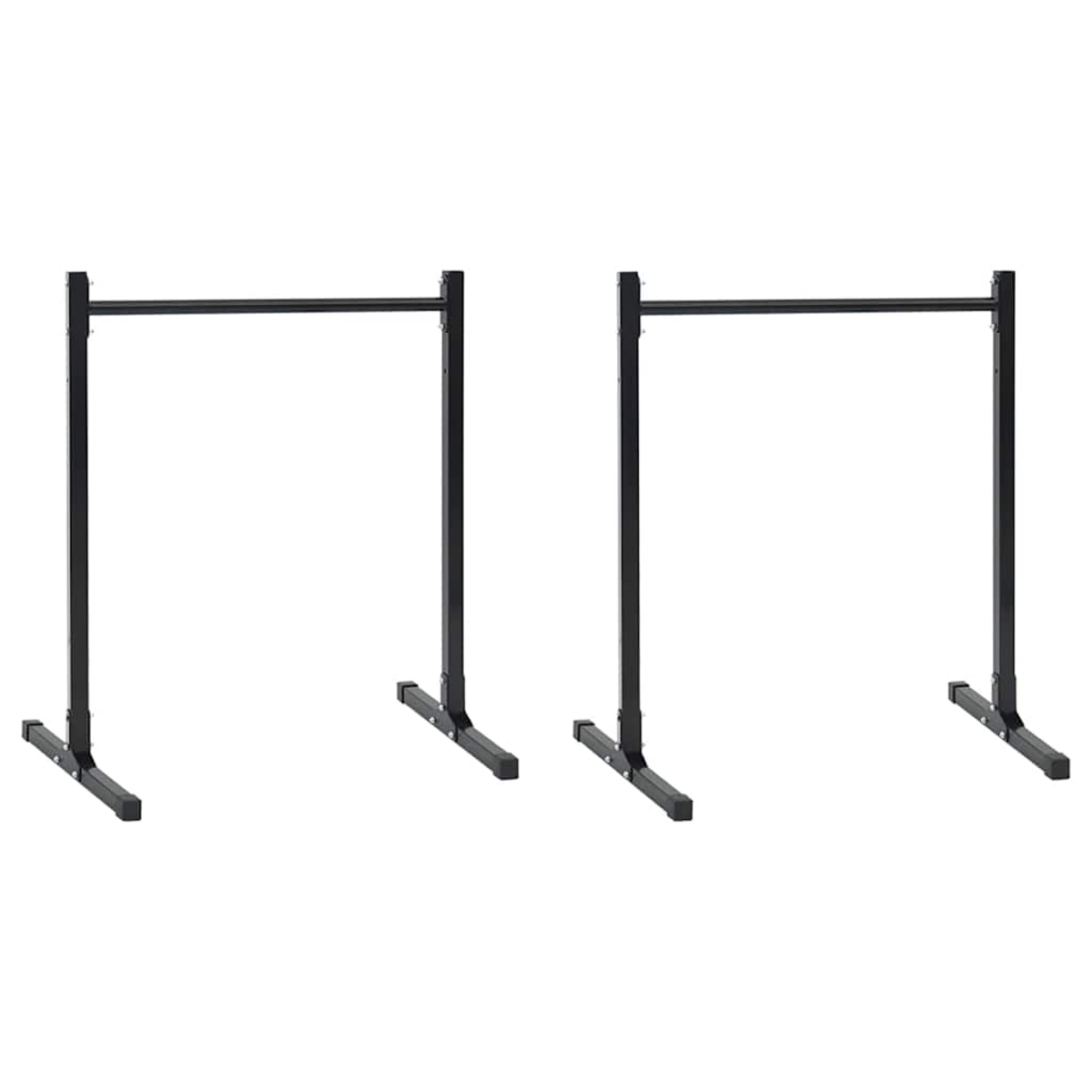 Trois barres de traction noires. Chaque barre a deux supports verticaux et une barre horizontale. Les barres sont espacées et sur fond blanc.