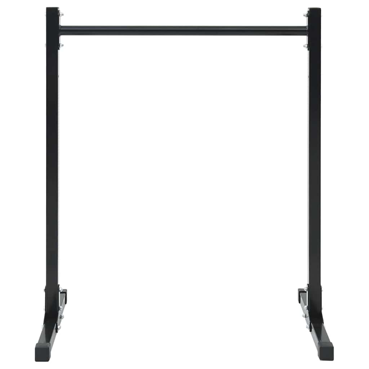 Un cadre noir de barre de traction, avec une barre horizontale en haut et des supports verticaux. Fond blanc.