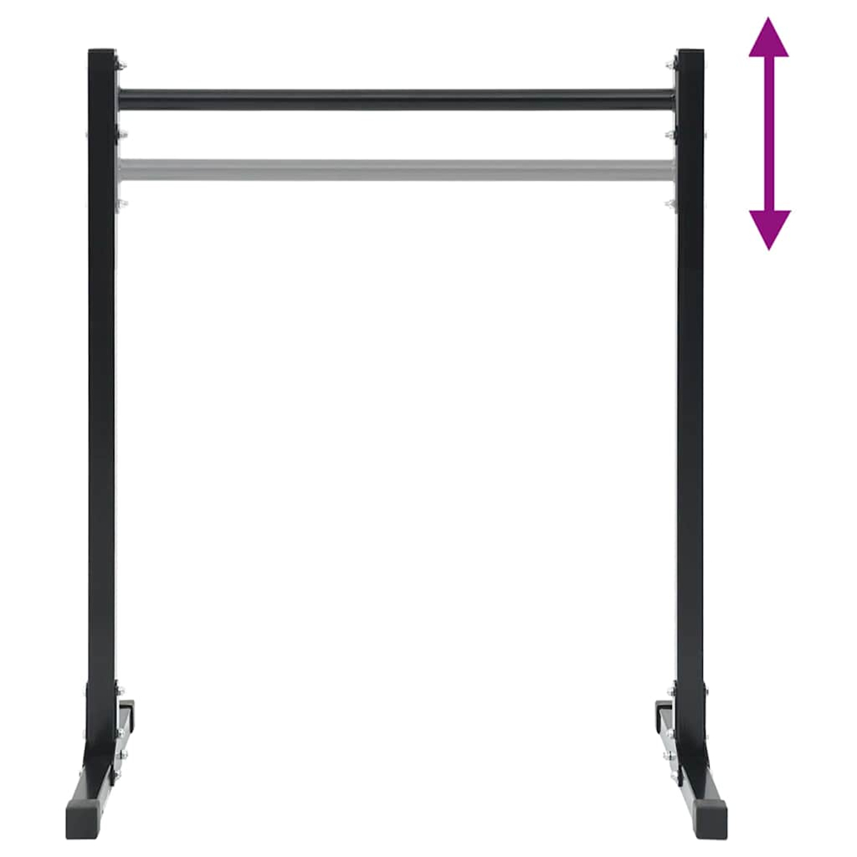 Porte-vêtements en métal noir, hauteur réglable, avec flèche verticale indiquant le réglage. Fond blanc.