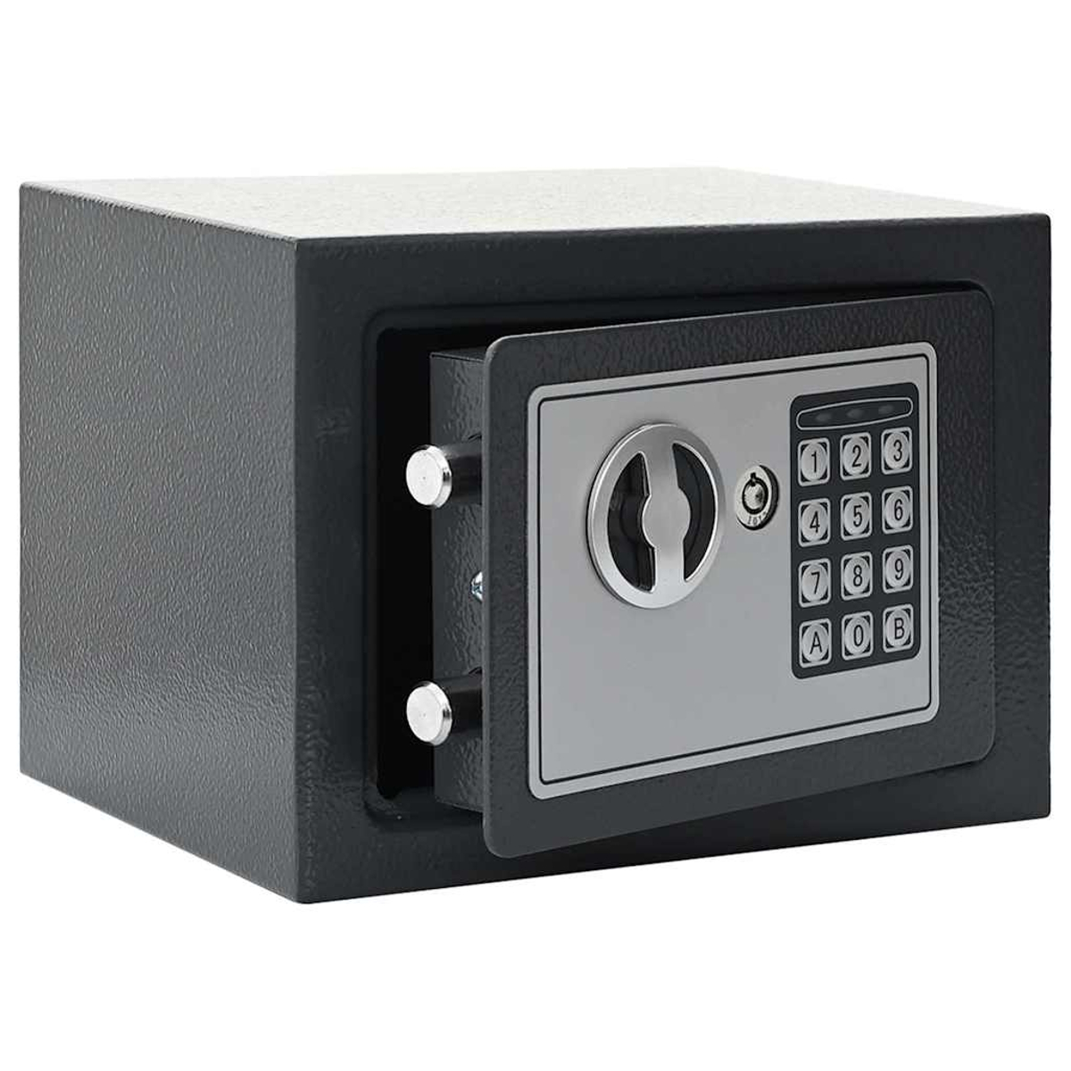 Ein schwarzer Safe mit offener Tür. Eine Tastatur, ein Griff und ein Schloss sind sichtbar. Der Safe steht auf weißem Hintergrund.