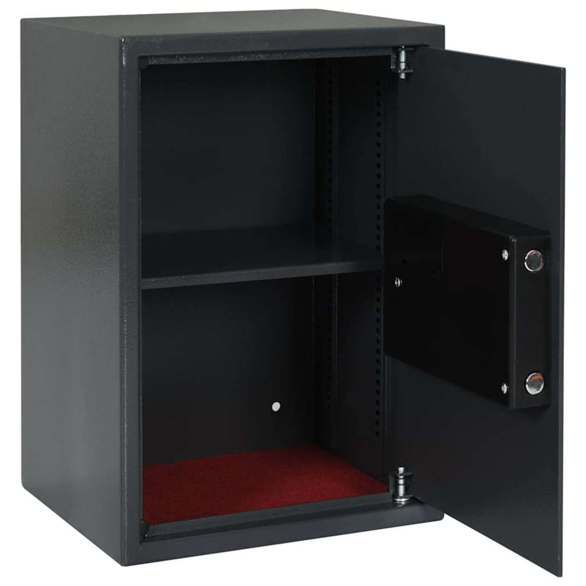 Una cassaforte nera aperta con un ripiano all'interno. La porta è aperta, rivelando un tappeto rosso in basso. La cassaforte è su sfondo bianco.