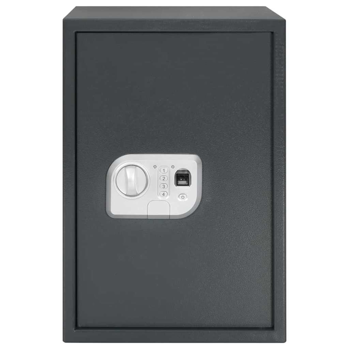 Una cassaforte grigio scuro con tastiera bianca. La tastiera ha un quadrante, pulsanti numerici, uno scanner di impronte digitali e un pulsante di accensione.