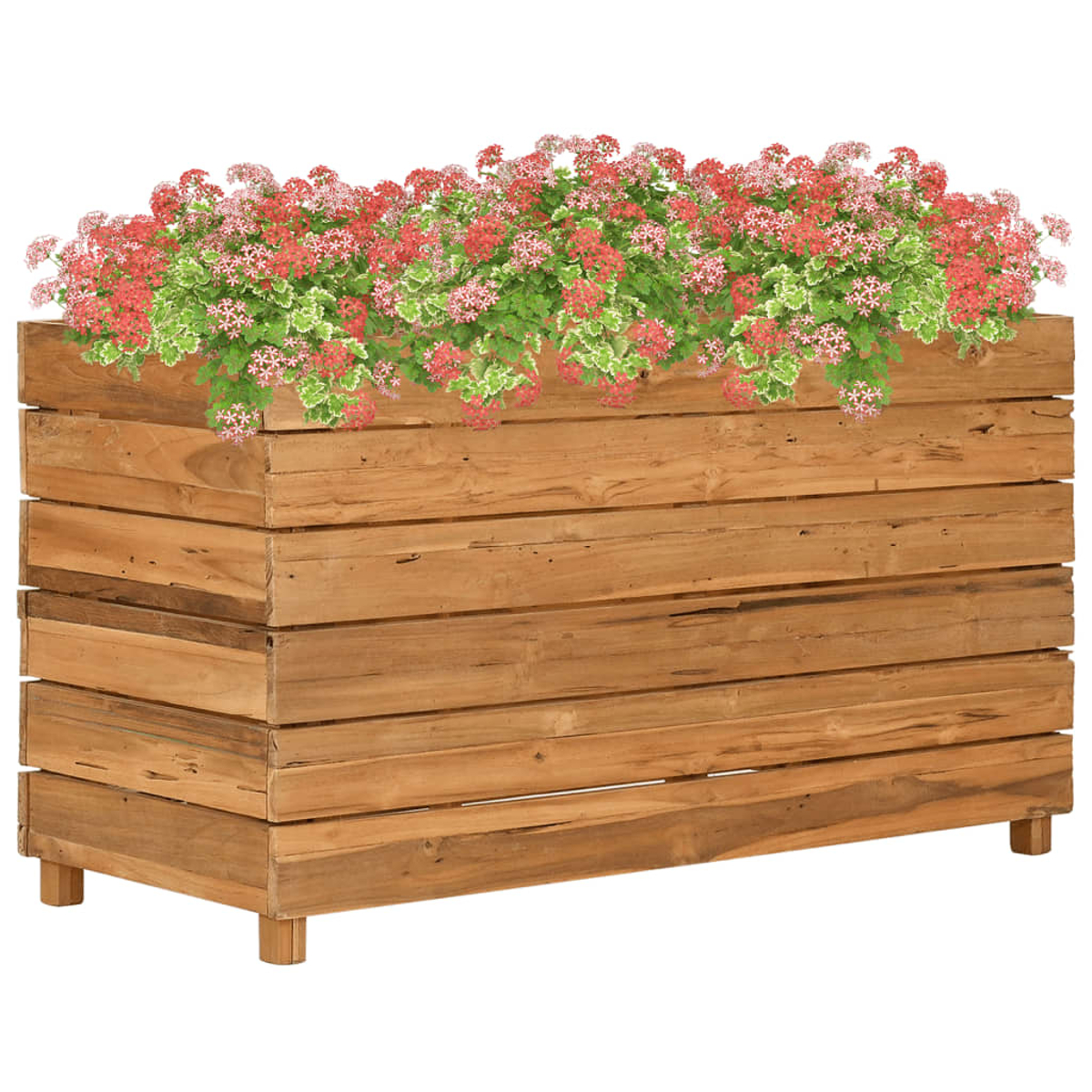 Holzkasten mit roten und grünen Blumen gefüllt. Rechteckige Box, aus horizontalen Holzplanken.