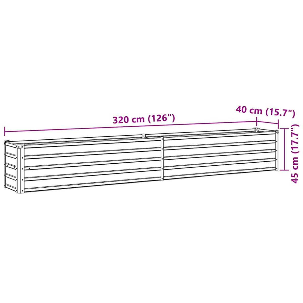 Eine rechteckige, lange Metallpflanzkiste wird gezeigt, mit den angegebenen Abmessungen: 320 cm (126"), 40 cm (15.7") und 45 cm (17.7").