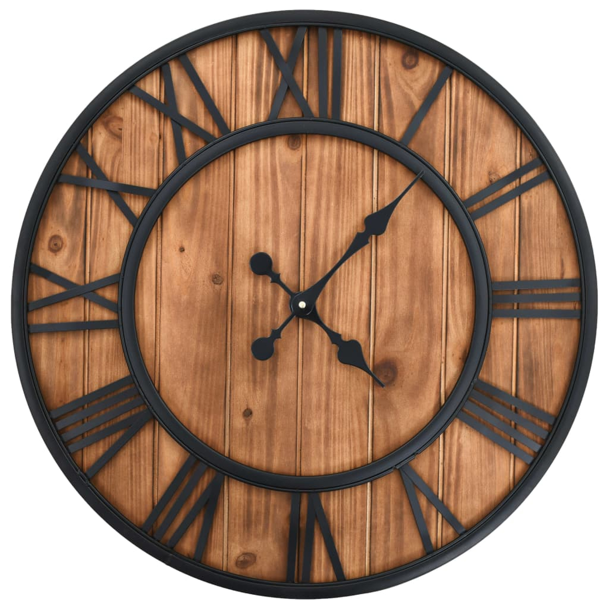 Eine runde Wanduhr mit Holzgesicht und schwarzen römischen Ziffern. Die Zeiger sind schwarz. Die Uhr befindet sich auf weißem Hintergrund.