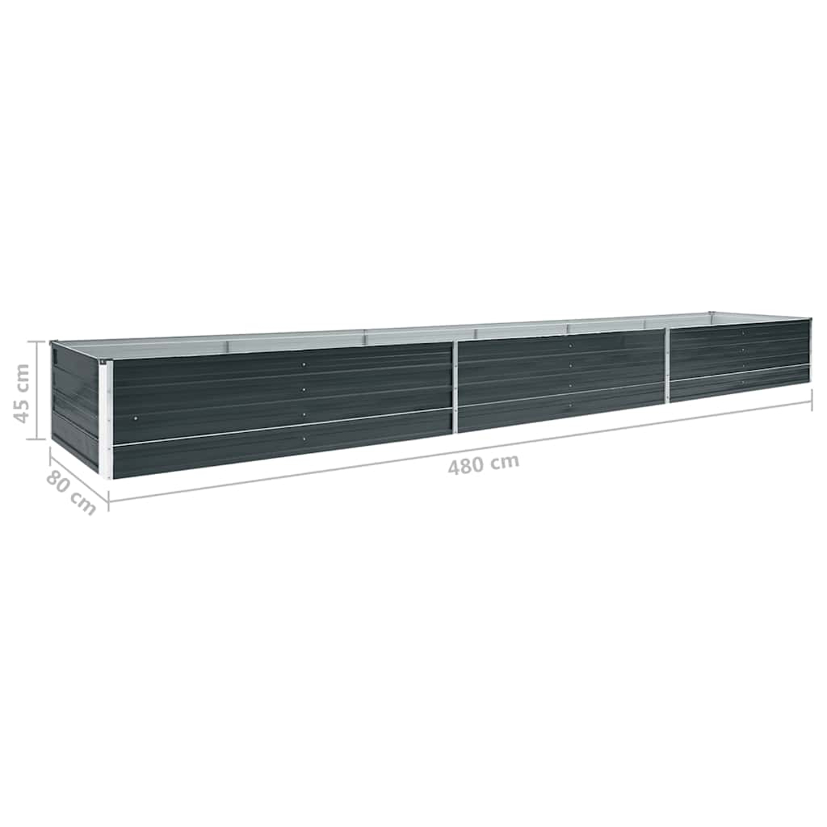 Ein langes, rechteckiges, dunkelgraues Metall-Hochbeet. Abmessungen sind angegeben: 480 cm lang, 80 cm hoch und 45 cm breit.