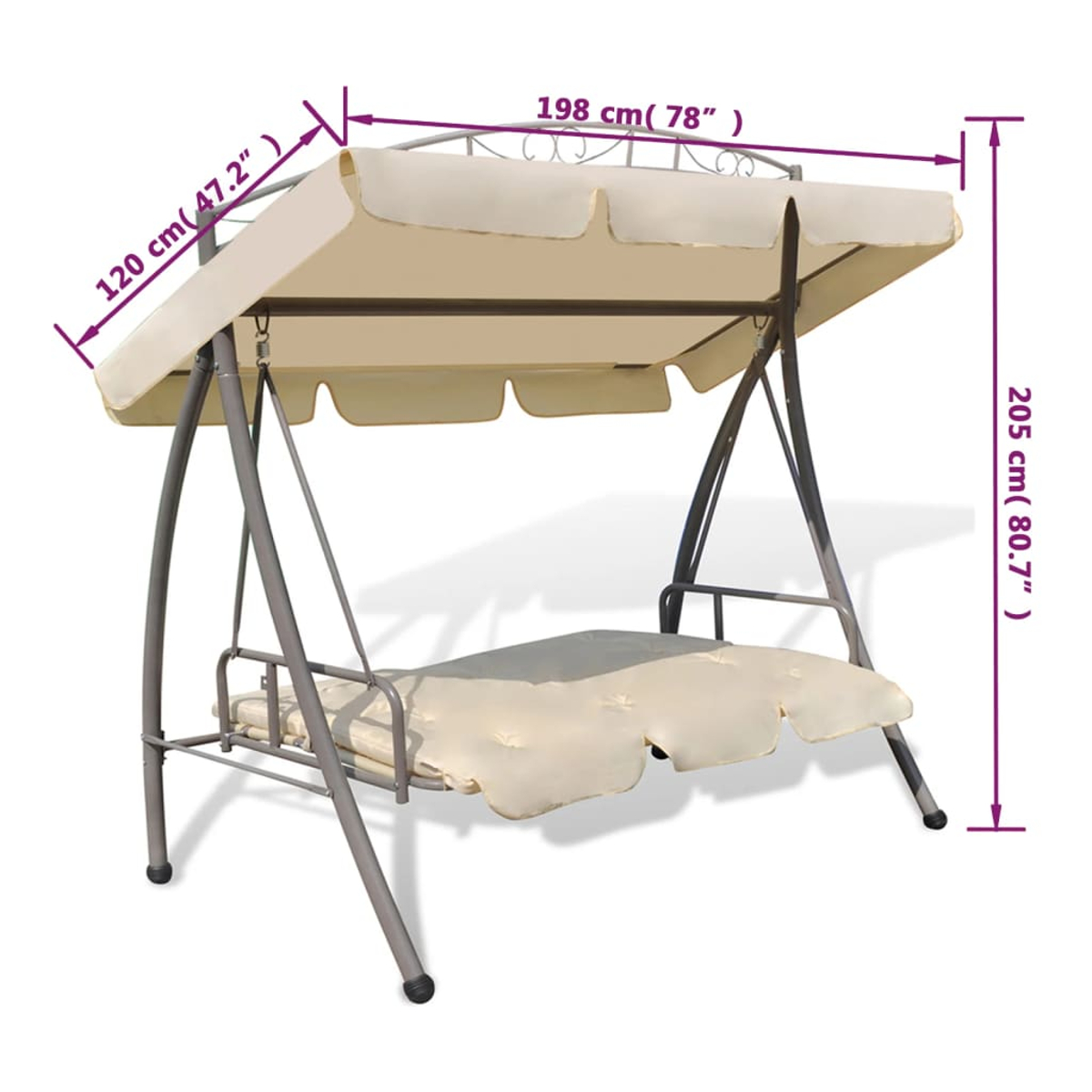 Eine beige-graue Schaukel mit einem Baldachin. Abmessungen sind angegeben. Die Schaukel hat eine gepolsterte Sitzfläche und Rückenlehne, Metallrahmen.