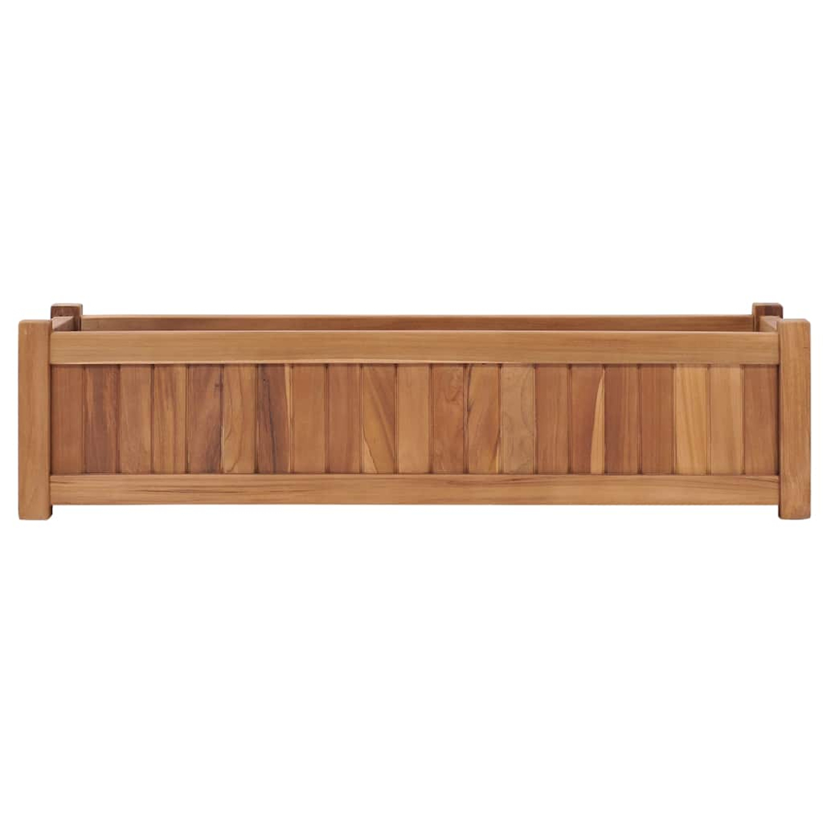 Ein rechteckiger Pflanzkasten aus Holz. Er besteht aus vertikalen Holzplanken und hat eine hellbraune Farbe. Der Hintergrund ist weiß.