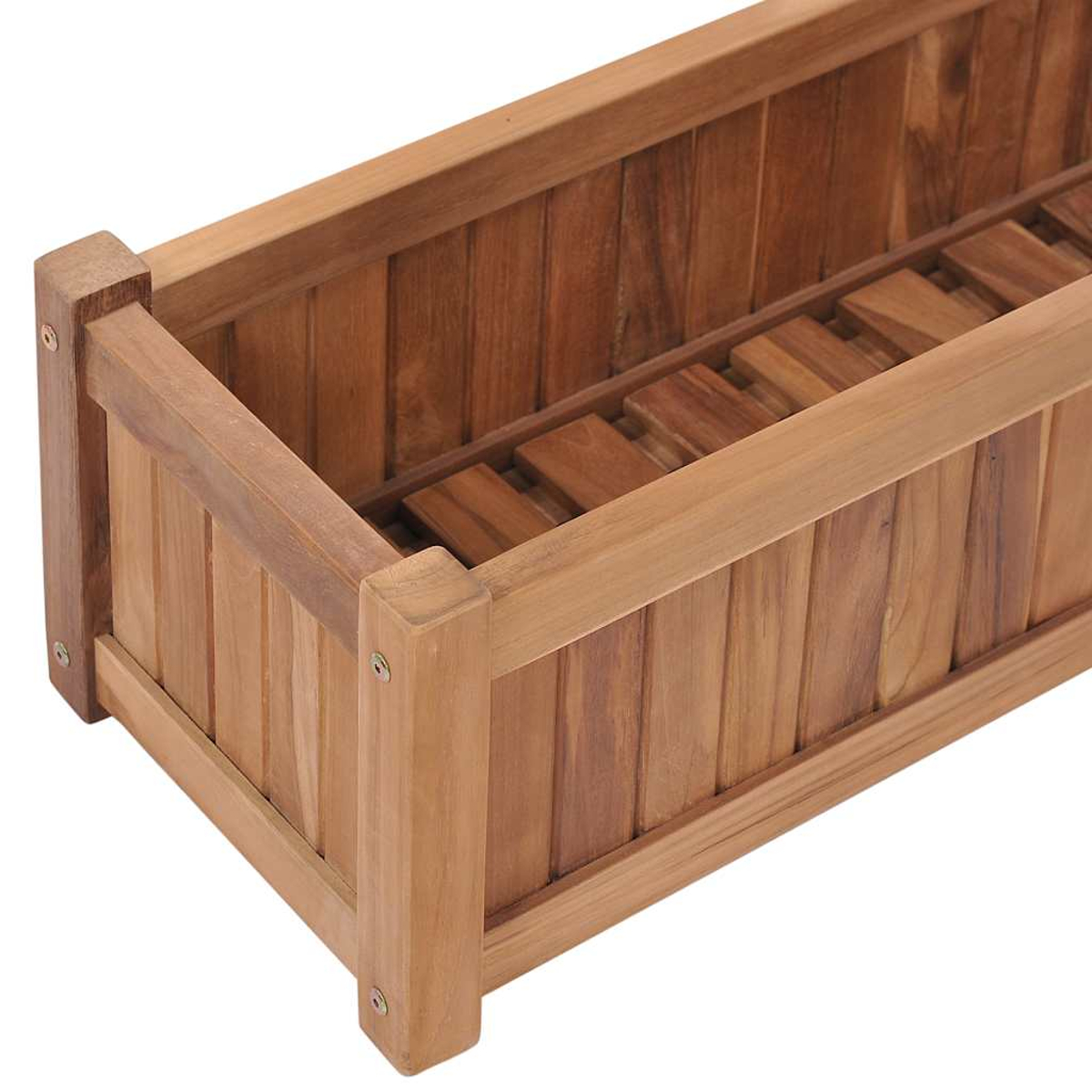 Eine rechteckige Holzpflanzkasten. Es besteht aus vertikalen Brettern mit horizontalen Stützen. Die Farbe ist hellbraun.