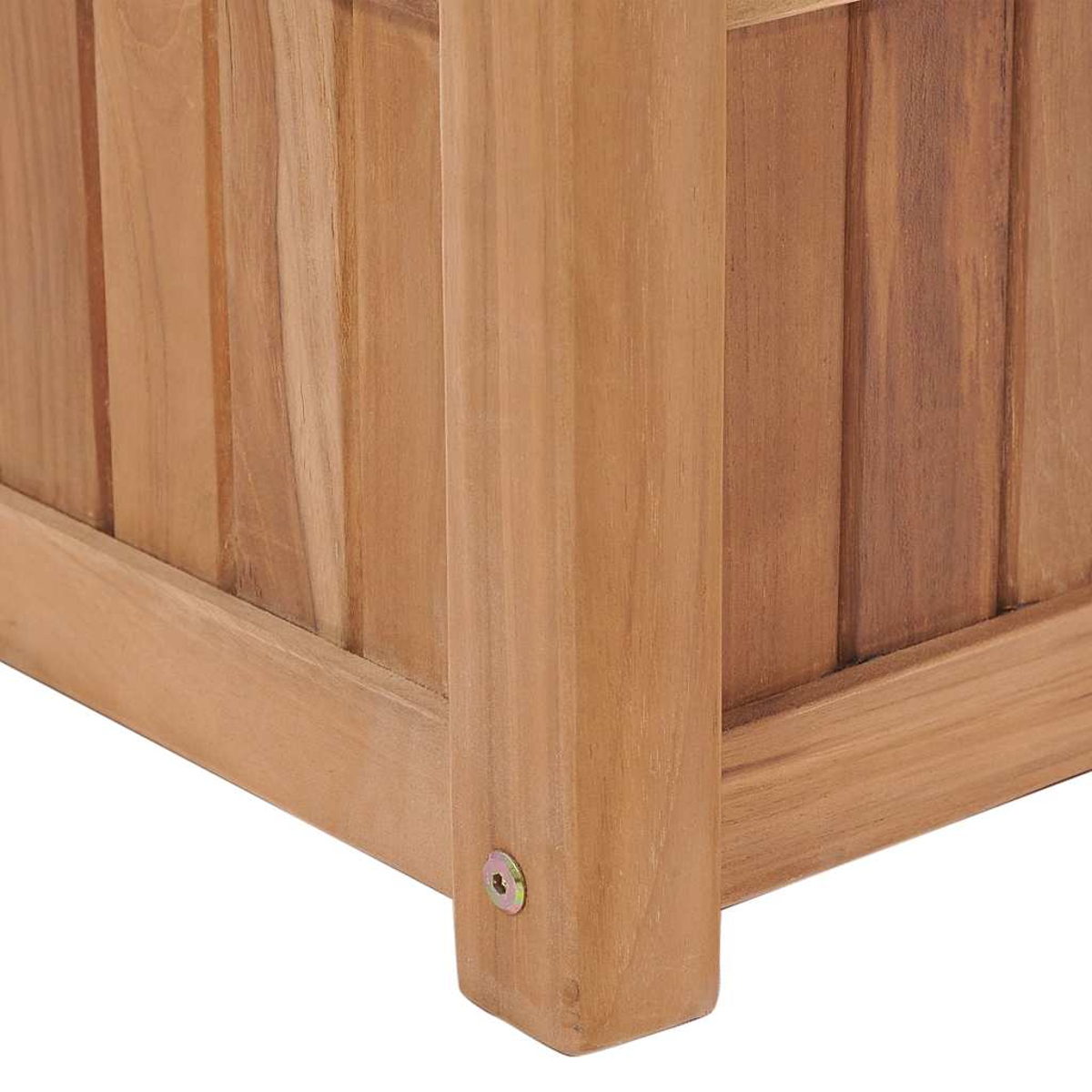 Nahaufnahme einer Holzeckmöbel. Vertikale Holzbretter und ein Eckbein sind sichtbar, mit einem Metallverschluss.
