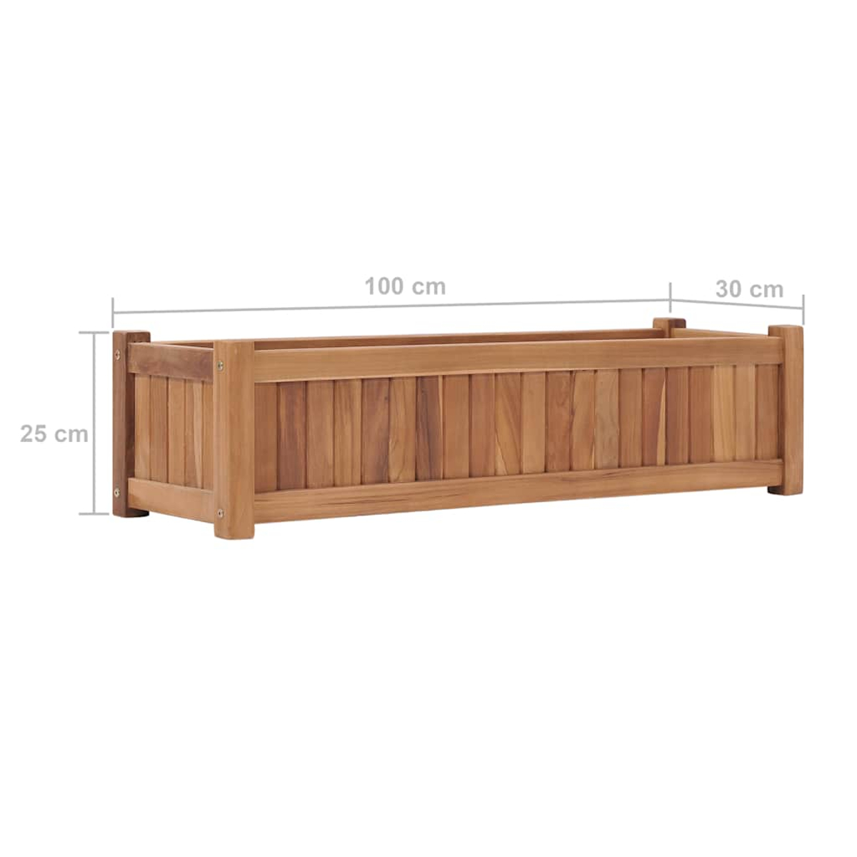 Rechteckiger Pflanzkasten aus Holz, Maße: 100 cm lang, 30 cm breit und 25 cm hoch, aus vertikalen Holzplanken.
